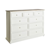 The Maldon 9 Drawer Chest features Hamptons style, a white finish, acacia timber top, nine drawers, and round knobs for a simple, classic look.