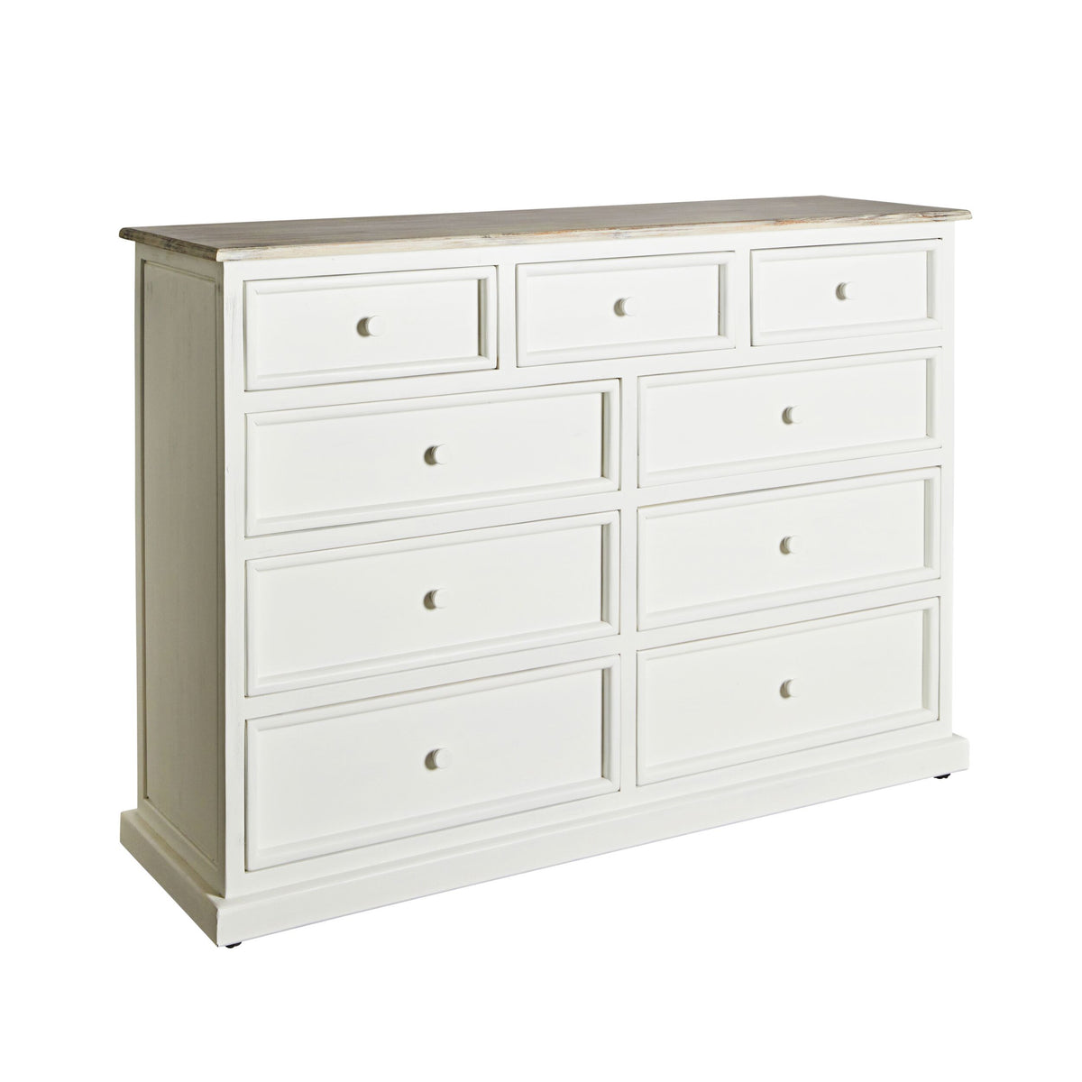 The Maldon 9 Drawer Chest features Hamptons style, a white finish, acacia timber top, nine drawers, and round knobs for a simple, classic look.