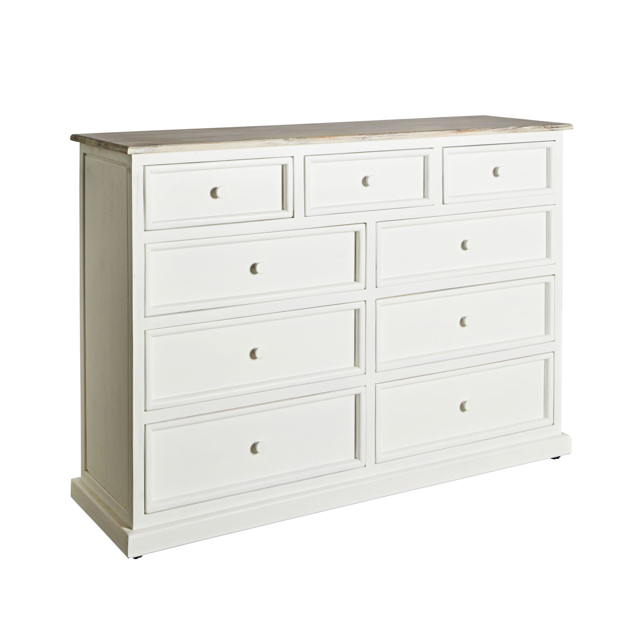The Maldon 9 Drawer Chest features Hamptons style, a white finish, acacia timber top, nine drawers, and round knobs for a simple, classic look.