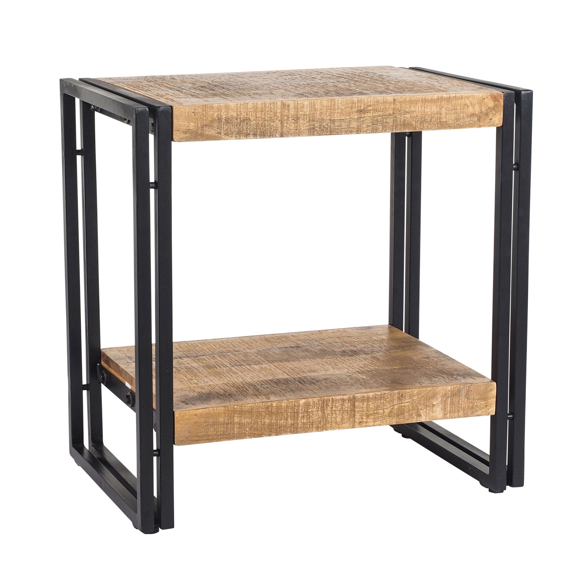 The Fulham Side/Bedside Table, with its two-tier design, combines sturdy mango wood shelves and a sleek black steel frame to add a contemporary edge to any room.