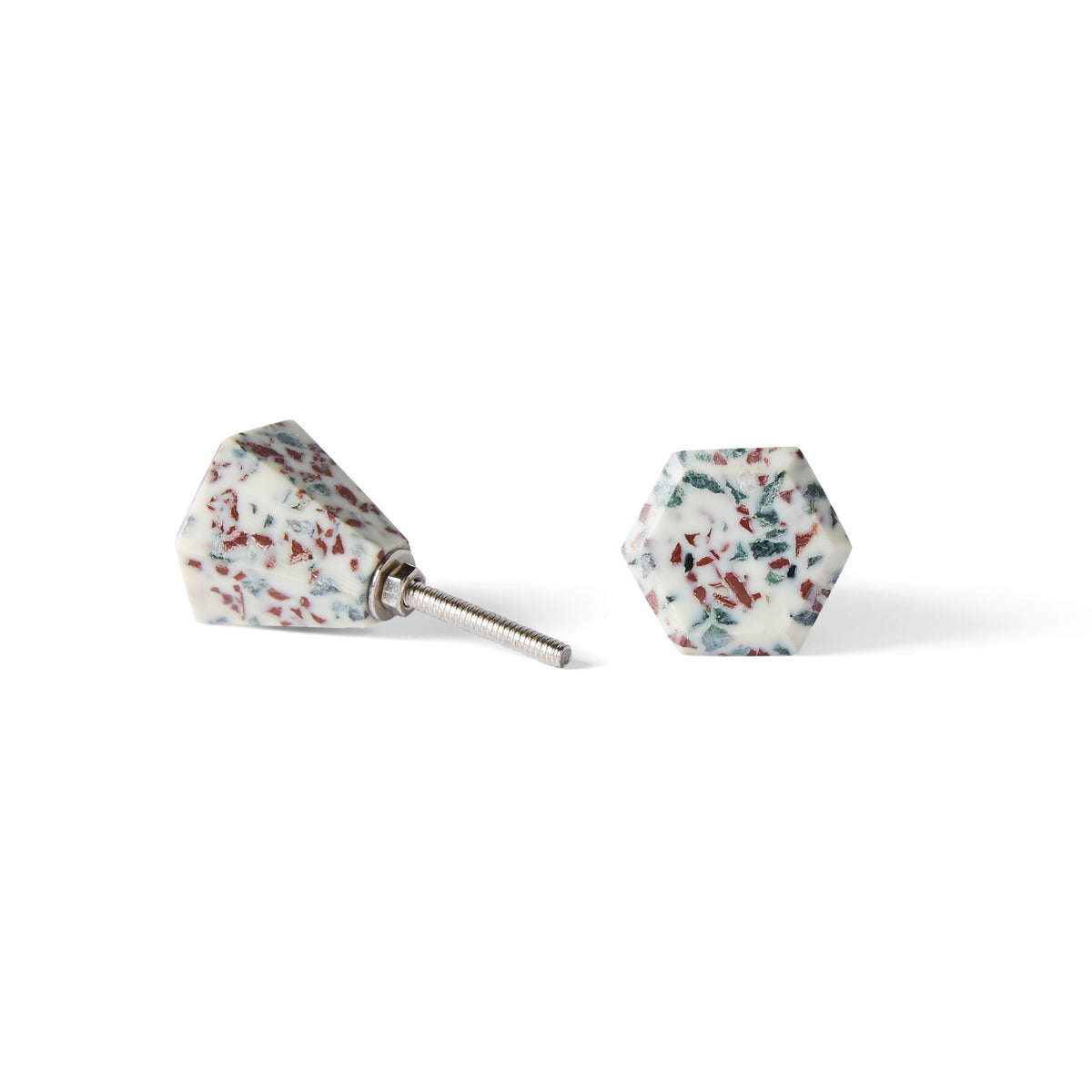 A set of two Speckle Geo Knob 3.8cm cabinet knobs with a white base, multicolored speckles, and metal screw fittings—ideal for adding a stylish hexagonal accent to your space.
