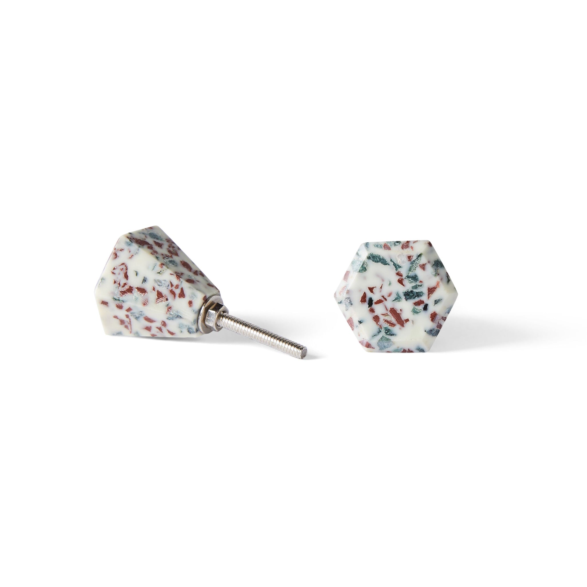 A set of two Speckle Geo Knob 3.8cm cabinet knobs with a white base, multicolored speckles, and metal screw fittings—ideal for adding a stylish hexagonal accent to your space.