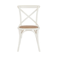 The Provincial Cross Back Dining Chair Vintage White features a curved backrest with X-shaped support and a woven rattan seat, shown from the front on a plain background. Pairs perfectly with Marais Seat Cushions for added comfort.