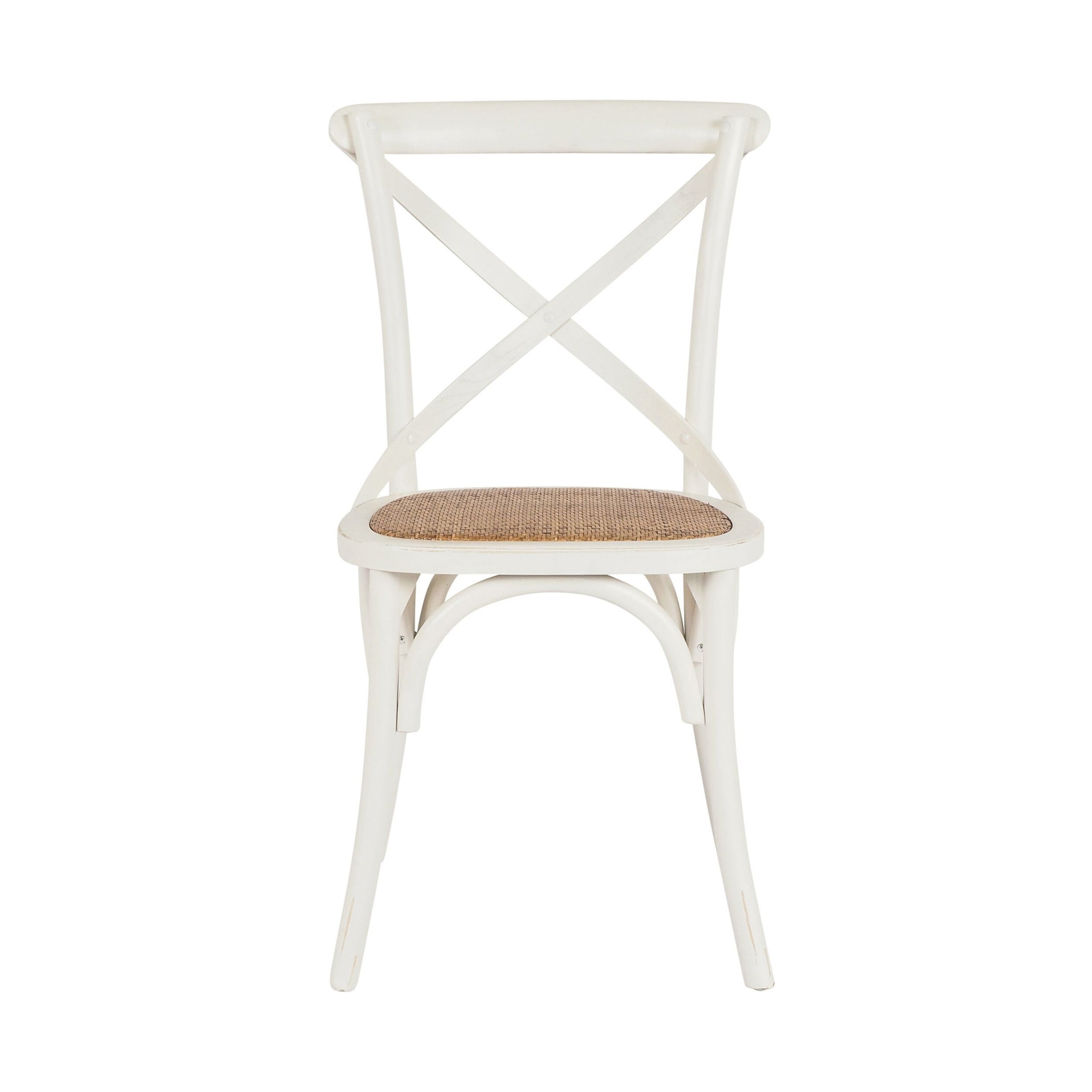 The Provincial Cross Back Dining Chair Vintage White features a curved backrest with X-shaped support and a woven rattan seat, shown from the front on a plain background. Pairs perfectly with Marais Seat Cushions for added comfort.