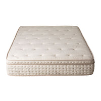 The Annie Premium Mattress Double showcases a textured beige pattern and raised edges, viewed from the foot end against a white backdrop. Enjoy unmatched comfort with its 5-zone pocket spring system and cozy memory foam layer.
