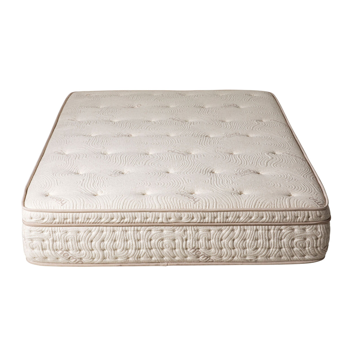 The Annie Premium Mattress Double showcases a textured beige pattern and raised edges, viewed from the foot end against a white backdrop. Enjoy unmatched comfort with its 5-zone pocket spring system and cozy memory foam layer.