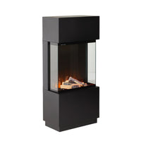 The Nelson Electric Fireplace 61x34x130cm features a modern black design with a glass enclosure, lifelike artificial logs, and a simulated flame effect; this freestanding unit adds sophisticated style to any room.