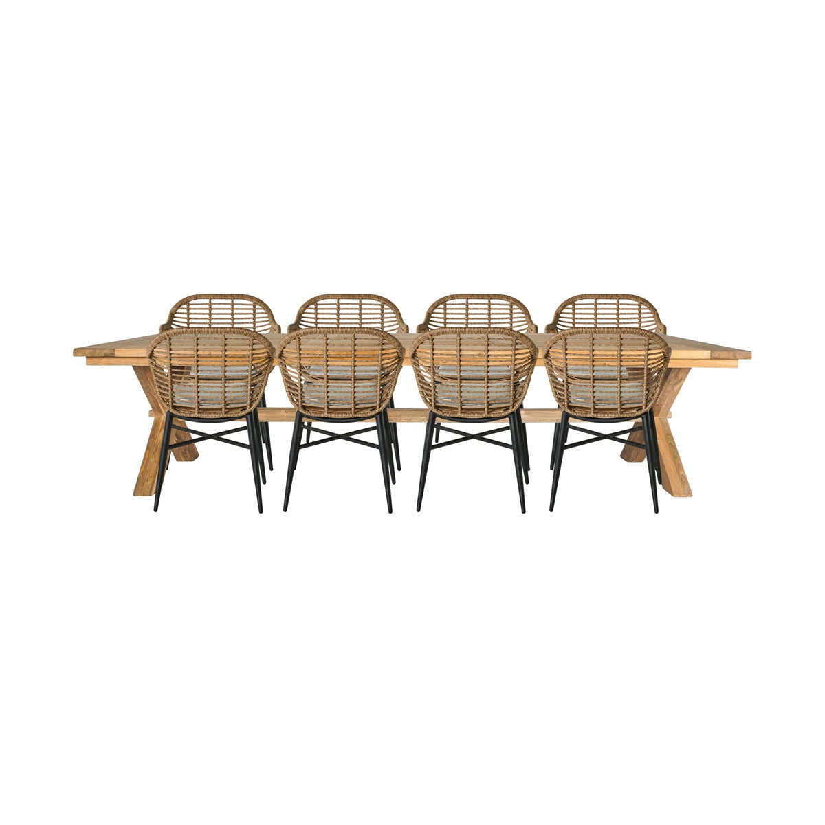 Reclaimed Teak Dining Table 320cm with 8 Natural Wicker Deck Chairs