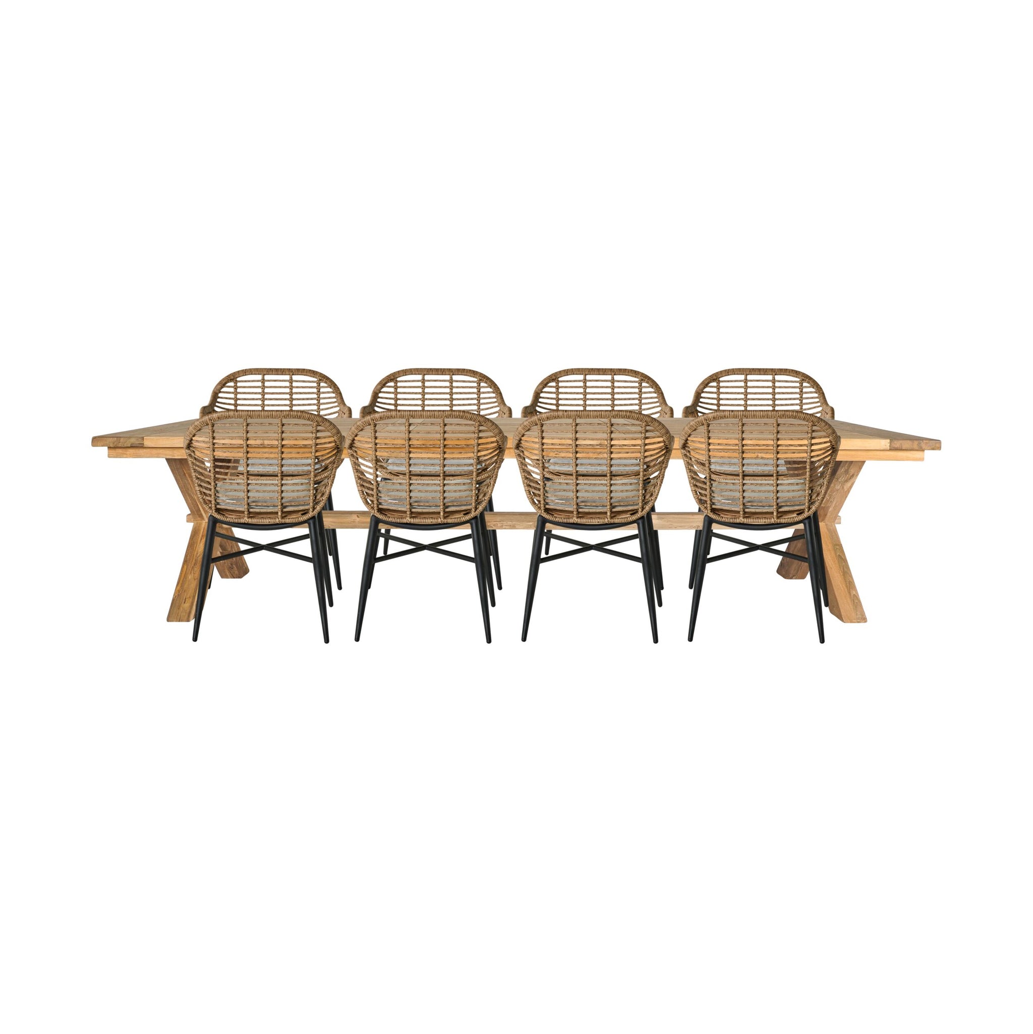 Reclaimed Teak Dining Table 320cm with 8 Natural Wicker Deck Chairs