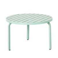 The Kace Outdoor Coffee Table, measuring 65cm in smoke green, features a slatted design and is supported by four sturdy legs.