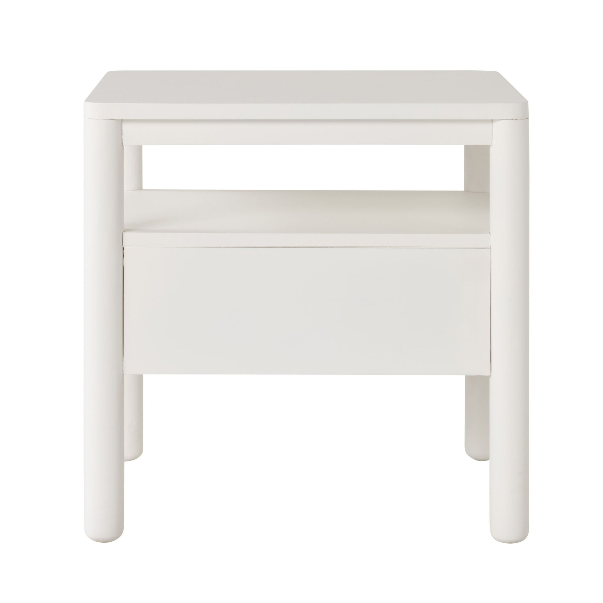 The Spintara 1 Drawer Bedside Table White features rounded edges, an open shelf, and a single drawer—photographed against a plain white background, it's ideal for bringing coastal country style to your room.