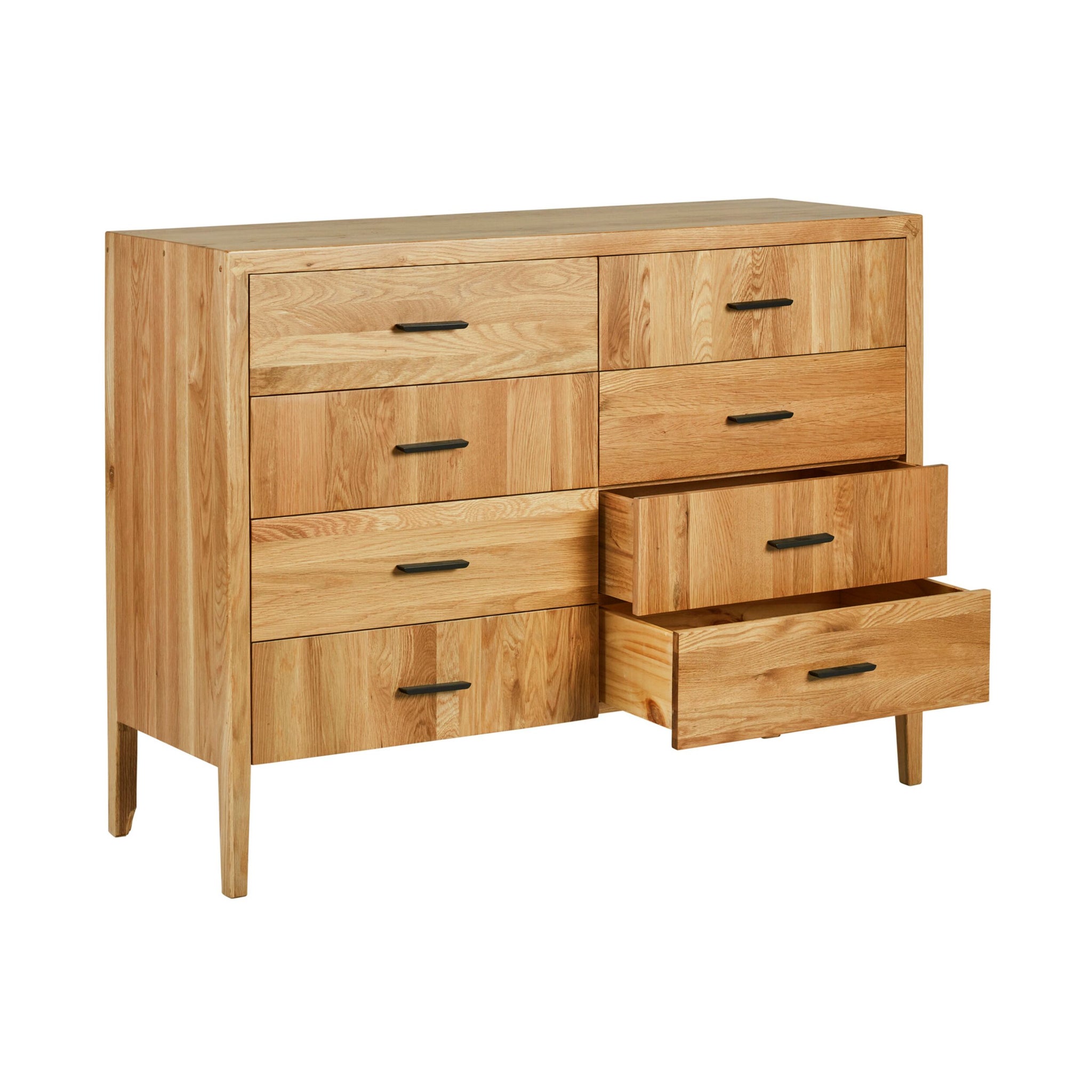 Side view of dresser highlighting vertical drawer arrangement and wood grain.