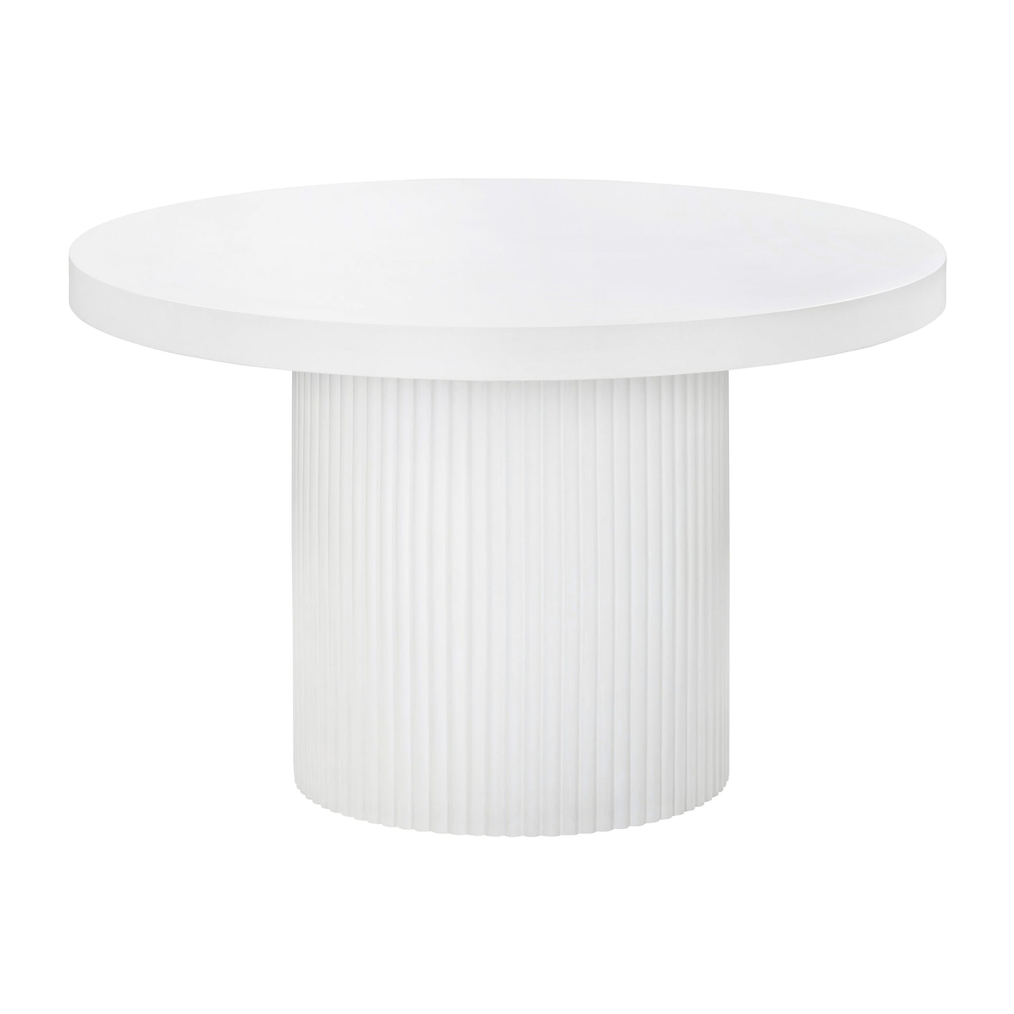 The Ripple Round Table 120cm features a smooth white concrete top and a wide, vertically grooved cylindrical base, making it an ideal four-seater for outdoor dining.