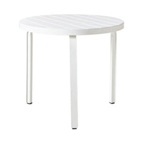 The Kace Outdoor Side Table 50cm in white features a round, three-legged design with a slatted top, crafted from powder-coated, galvanized steel for durability.