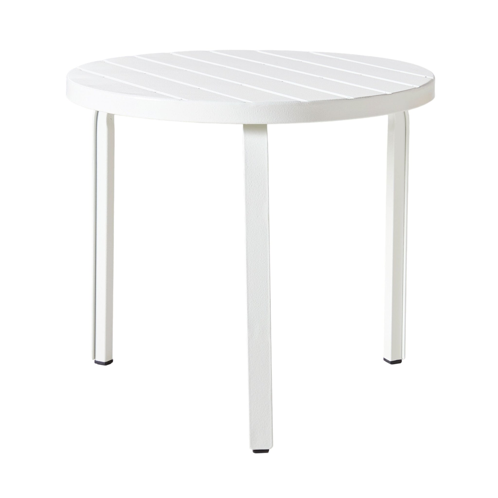 The Kace Outdoor Side Table 50cm in white features a round, three-legged design with a slatted top, crafted from powder-coated, galvanized steel for durability.