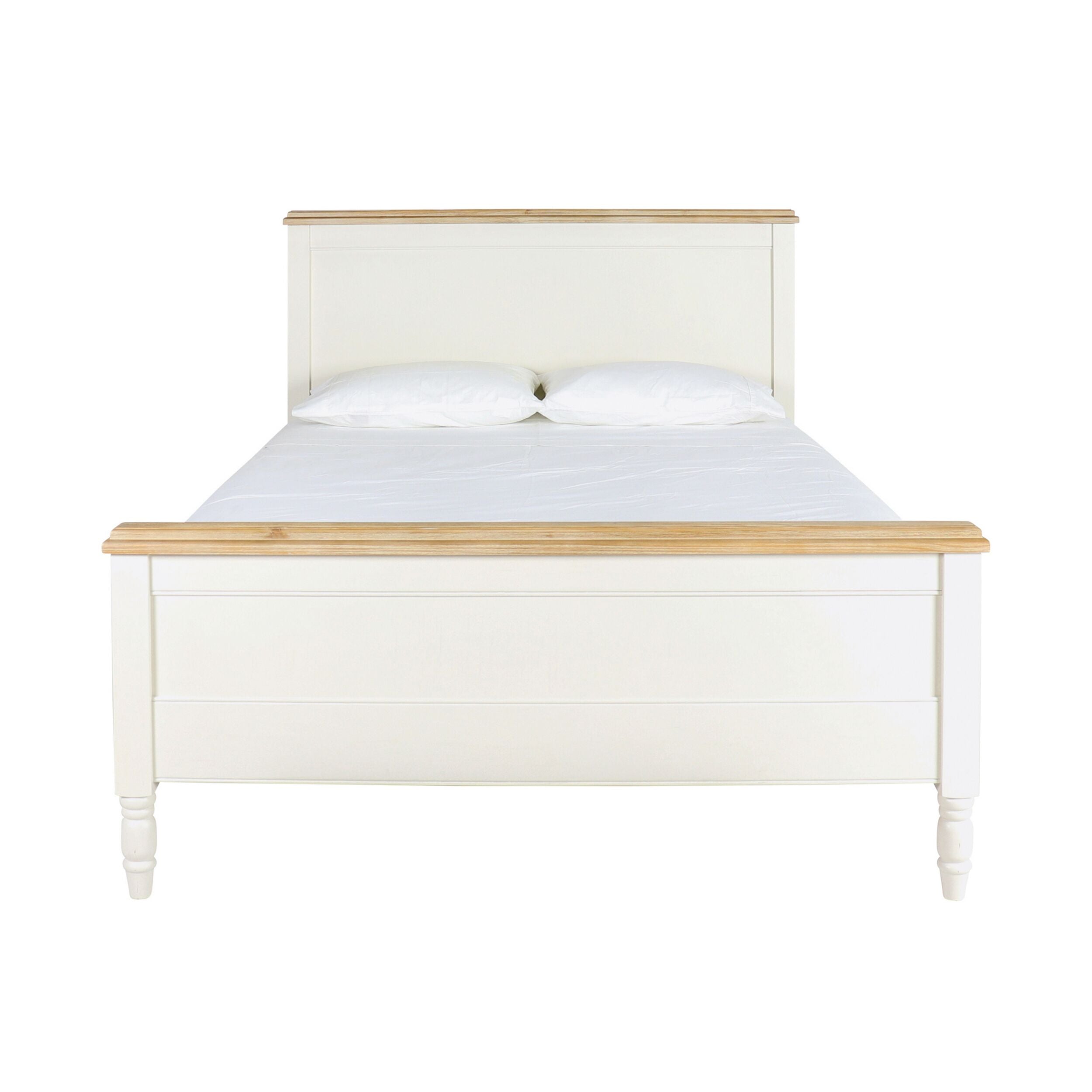 The Clover King Bed, inspired by Hamptons style, boasts a sophisticated white wooden frame accented with light wood trim. From the front view, it displays an elegant headboard and footboard, enhanced by two plush pillows atop the mattress. This piece exemplifies chic timber furniture design.