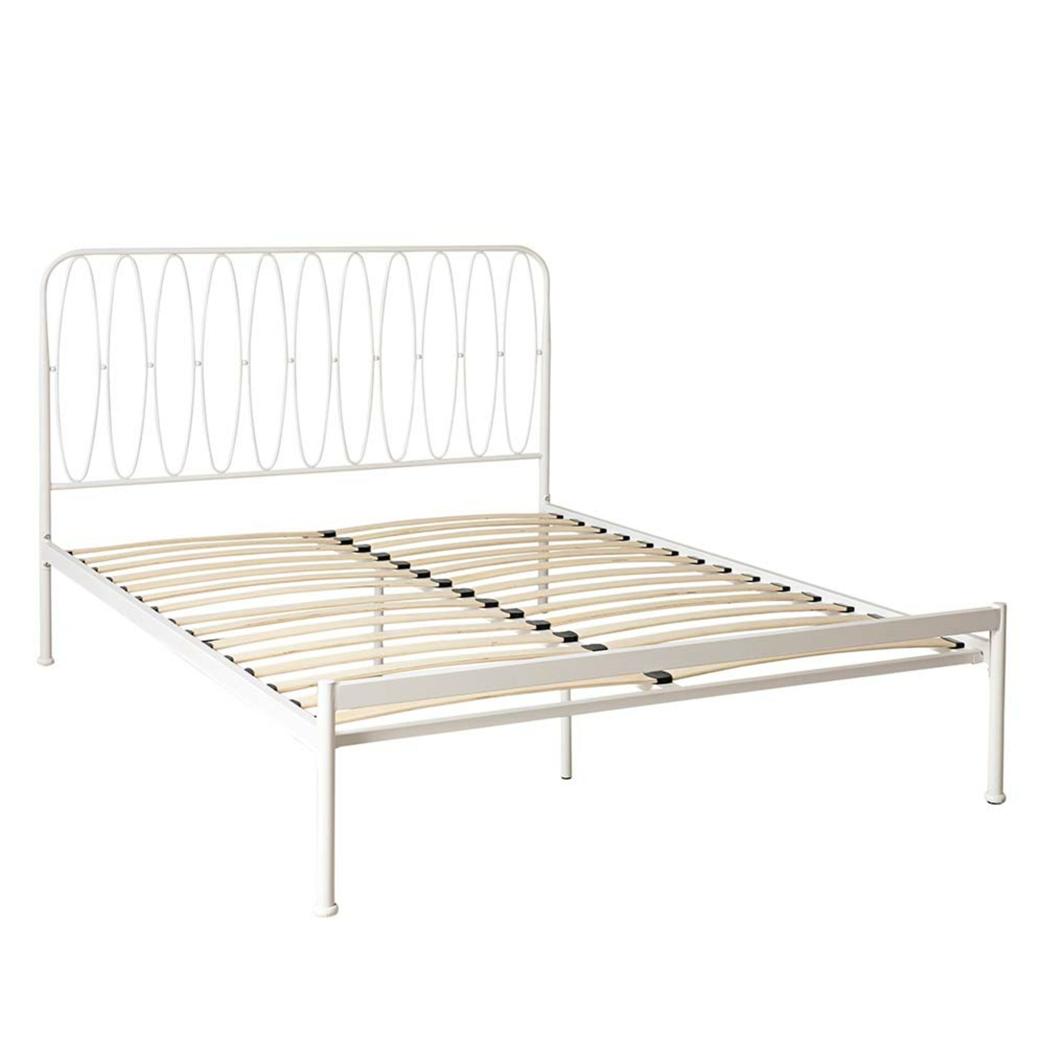 Maya Queen Bed: Featuring a white metal frame with timber slats, oval-patterned headboard, and powder-coated finish.