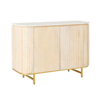 Crafted from whitewashed mango wood, the Deva 2 Door Buffet (114 x 80 x 43cm) features elegant vertical slats, a flat top, and thin gold metal legs, subtly enhancing any space with its refined simplicity.