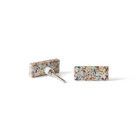 The Speckle Terazzo Knob Small 5.4cm earrings, shaped as rectangles with a colorful terrazzo-inspired pattern, are displayed on a white background—one lying flat and one standing upright to show the post.