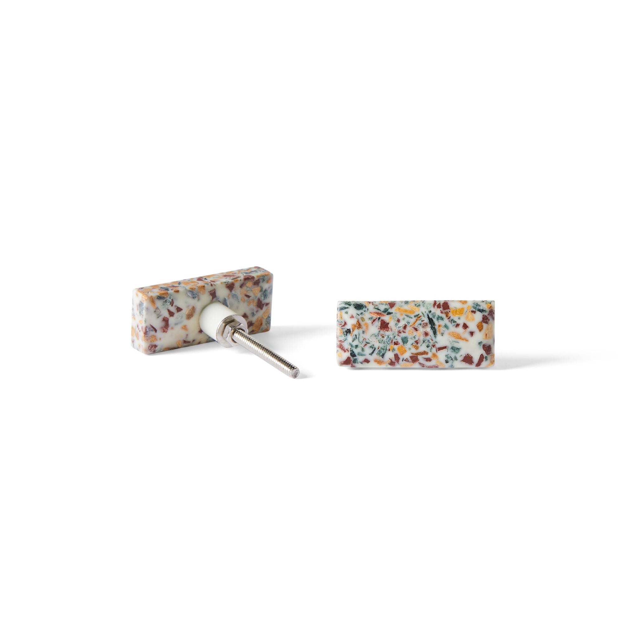The Speckle Terazzo Knob Small 5.4cm earrings, shaped as rectangles with a colorful terrazzo-inspired pattern, are displayed on a white background—one lying flat and one standing upright to show the post.