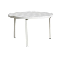 The Kace Outdoor Coffee Table, measuring 65cm in white, features a round design with four legs and a slatted top made from powder-coated, galvanized steel.