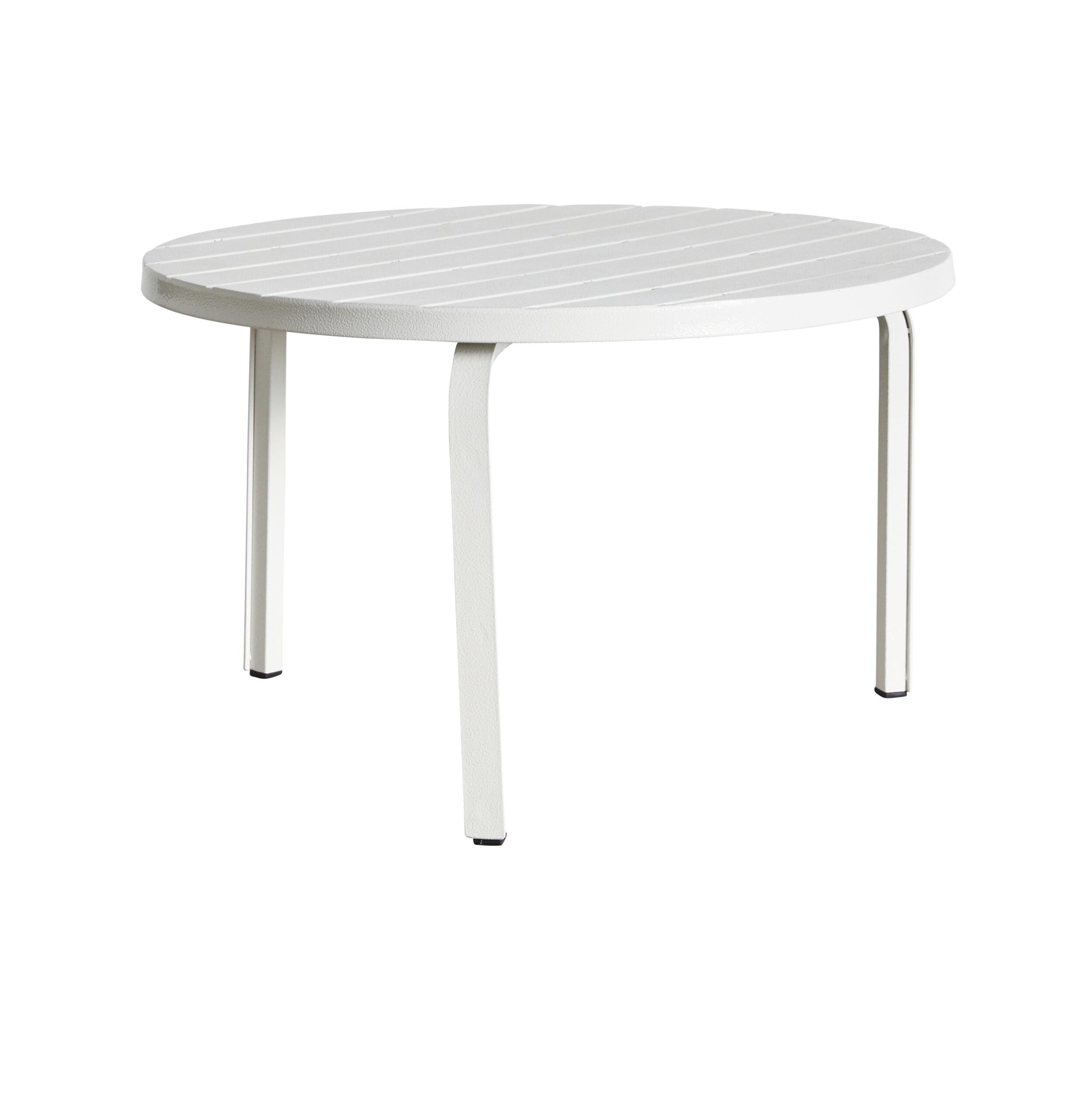 The Kace Outdoor Coffee Table, measuring 65cm in white, features a round design with four legs and a slatted top made from powder-coated, galvanized steel.