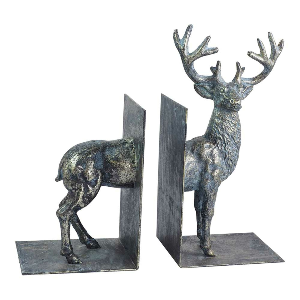 The Stag Book Ends 26x10cm feature two antique silver pieces forming the front and back of a stag for a unique, charming bookshelf accent.