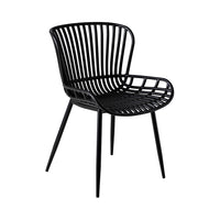 Introducing the Lini Outdoor Dining Chair in black, designed for all-weather resistance and crafted from durable plastic. It features a slatted seat and back, along with four sturdy legs and open armrests, making it an excellent choice for outdoor dining and entertaining guests in various settings.