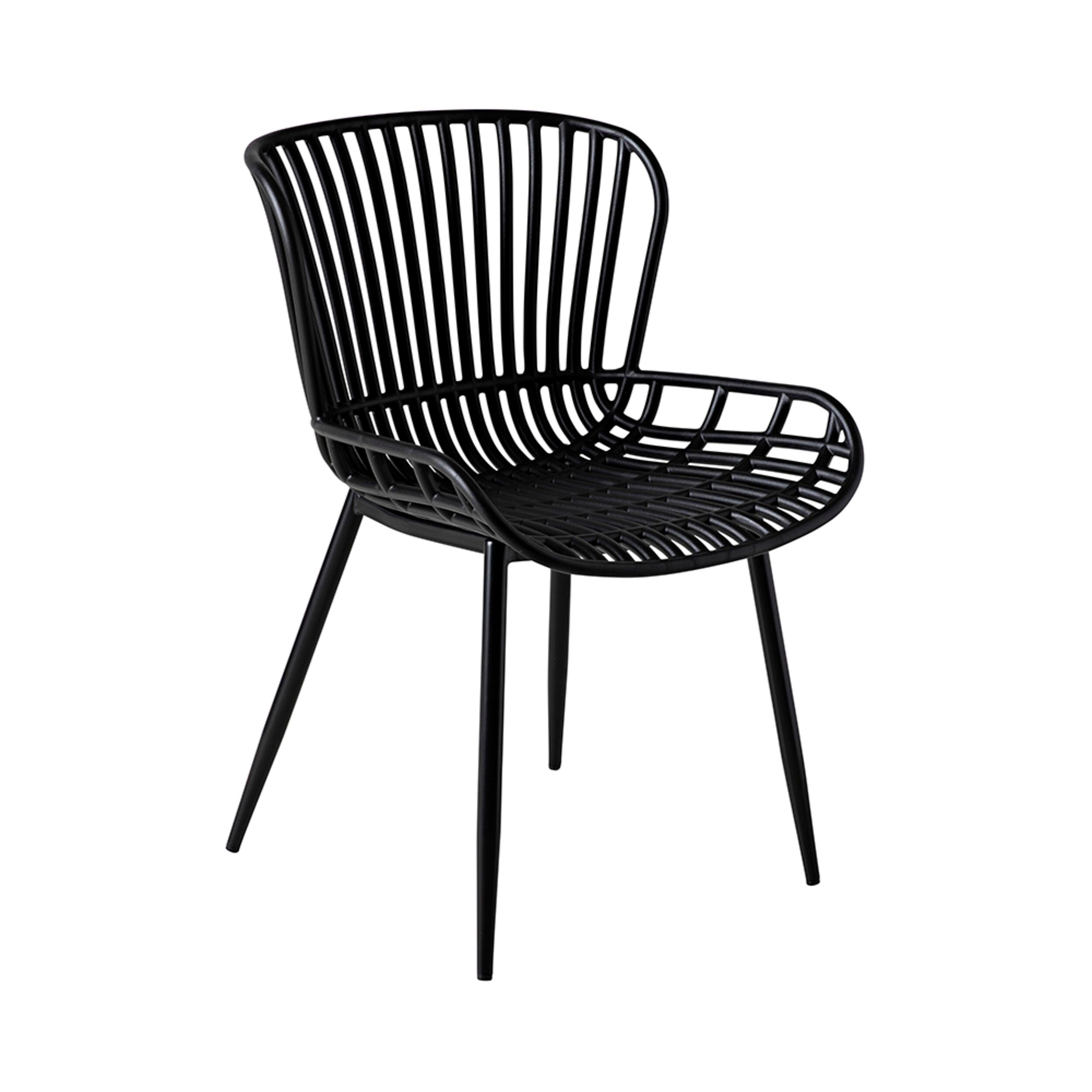 Introducing the Lini Outdoor Dining Chair in black, designed for all-weather resistance and crafted from durable plastic. It features a slatted seat and back, along with four sturdy legs and open armrests, making it an excellent choice for outdoor dining and entertaining guests in various settings.