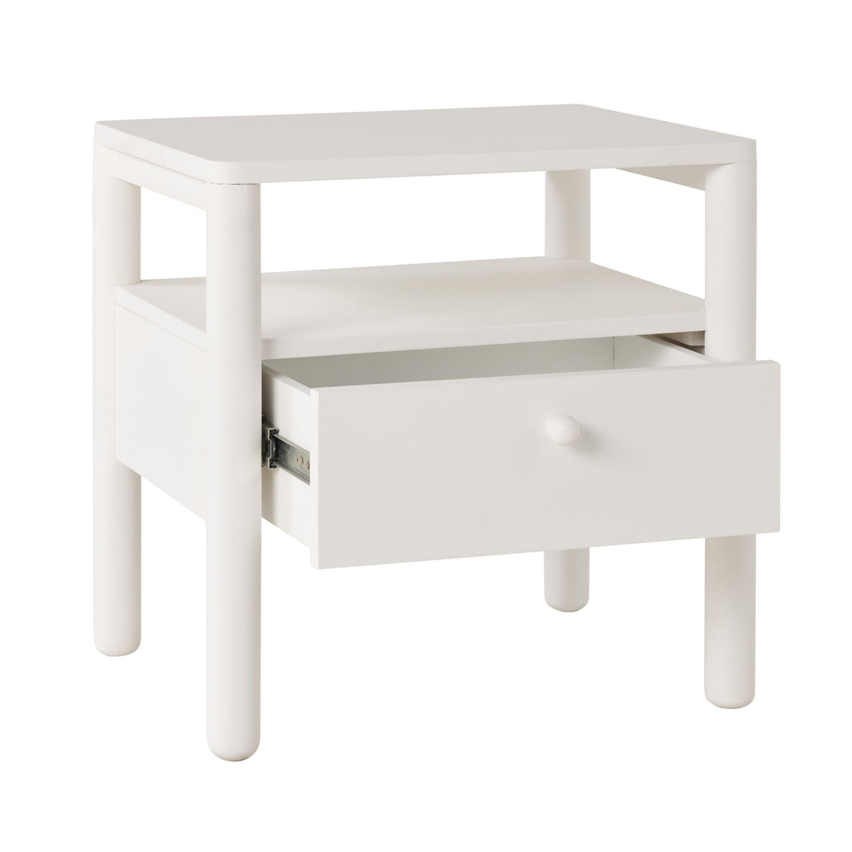 The Spintara 1 Drawer Bedside Table White features rounded legs, an open shelf, and a single drawer, adding a touch of coastal country style to any bedroom.