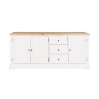 The Clover Large Sideboard exudes elegance with its Hamptons coastal white finish and wooden tabletop, featuring three drawers and two double-door cabinets. It's a stunning piece of timber furniture that beautifully complements any space.