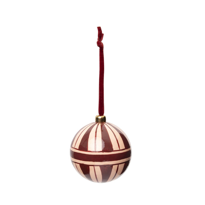 Heirloom Paper Mache Stripe Round Christmas Ornament Pink