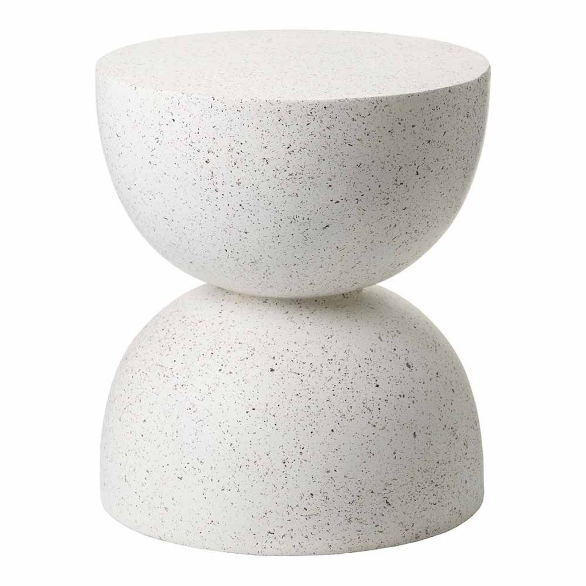 The Speckle Plant Stand 40x40x45cm features a white, speckled hourglass shape with smooth, rounded edges and a modern minimalist design—perfect as a plant stand or side table.