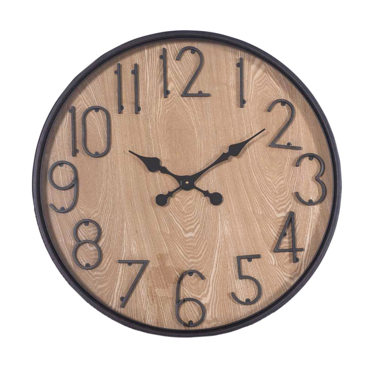 The BeyondTime Grain Number Clock 67cm, with its rustic charm, features a wooden face with black numbers and ornate black hands, elegantly showing the time as 10:09.