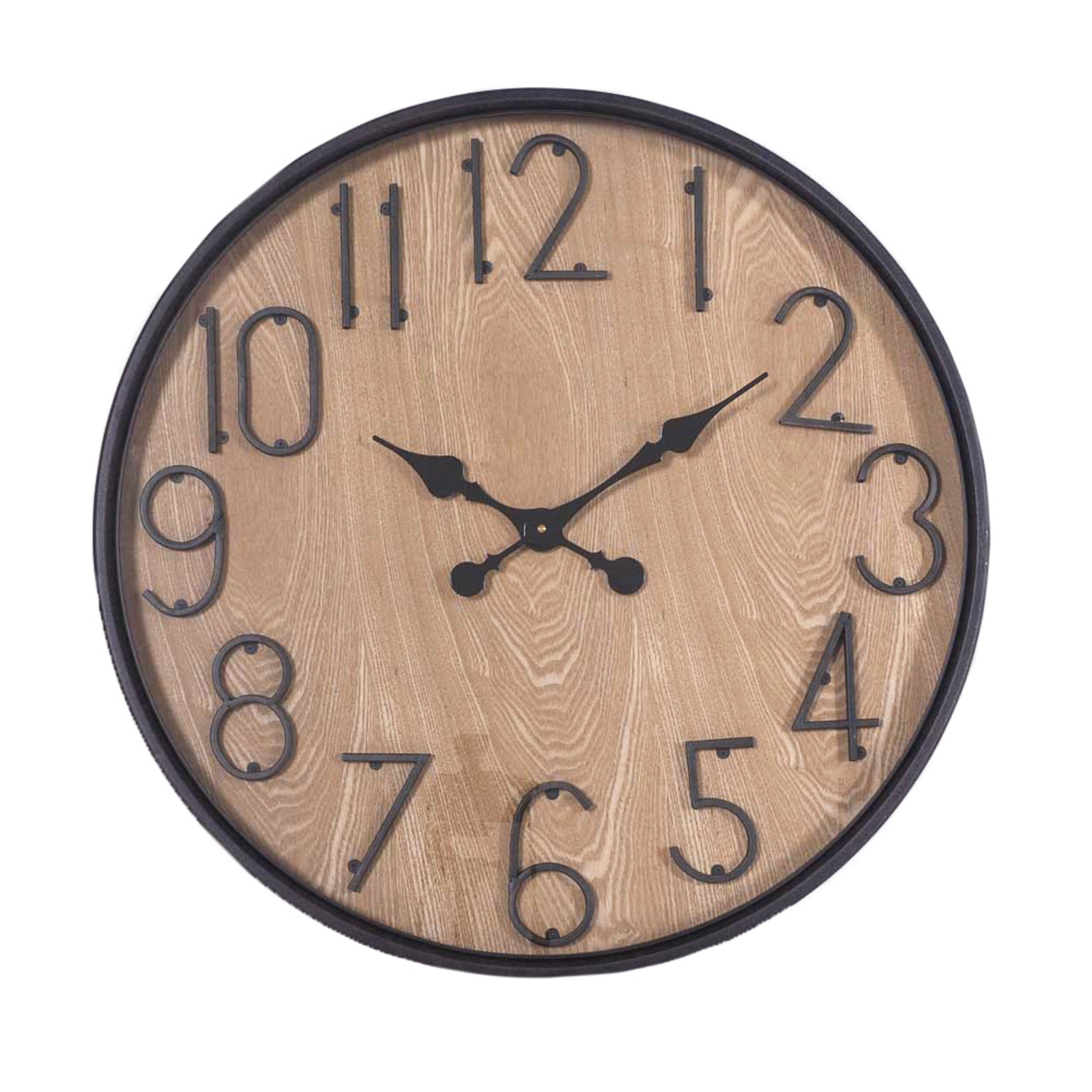 The BeyondTime Grain Number Clock 67cm, with its rustic charm, features a wooden face with black numbers and ornate black hands, elegantly showing the time as 10:09.