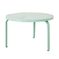 Introducing the Kace Outdoor Coffee Table, a 65cm light circular piece in Smoke Green featuring a slatted top and four sturdy legs, expertly crafted for durability.