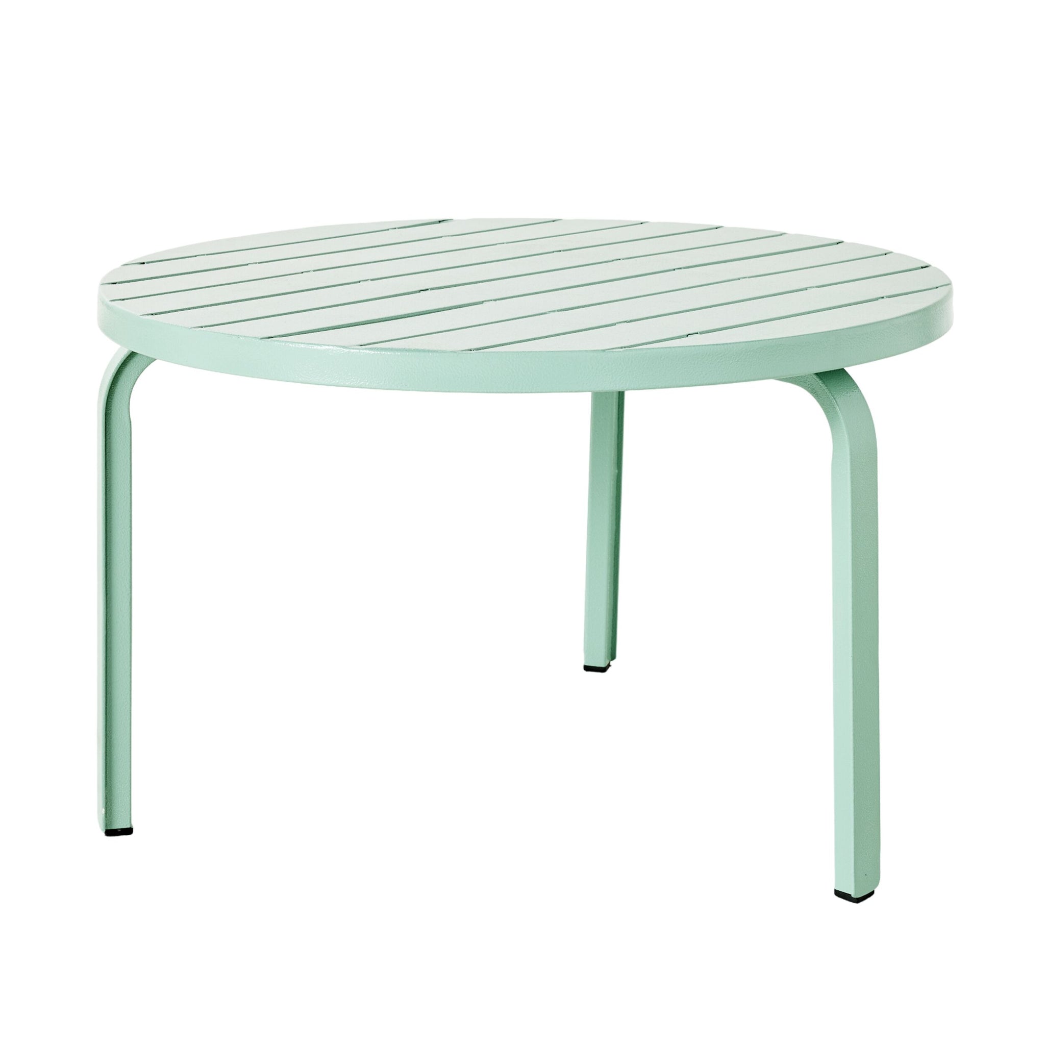 Introducing the Kace Outdoor Coffee Table, a 65cm light circular piece in Smoke Green featuring a slatted top and four sturdy legs, expertly crafted for durability.