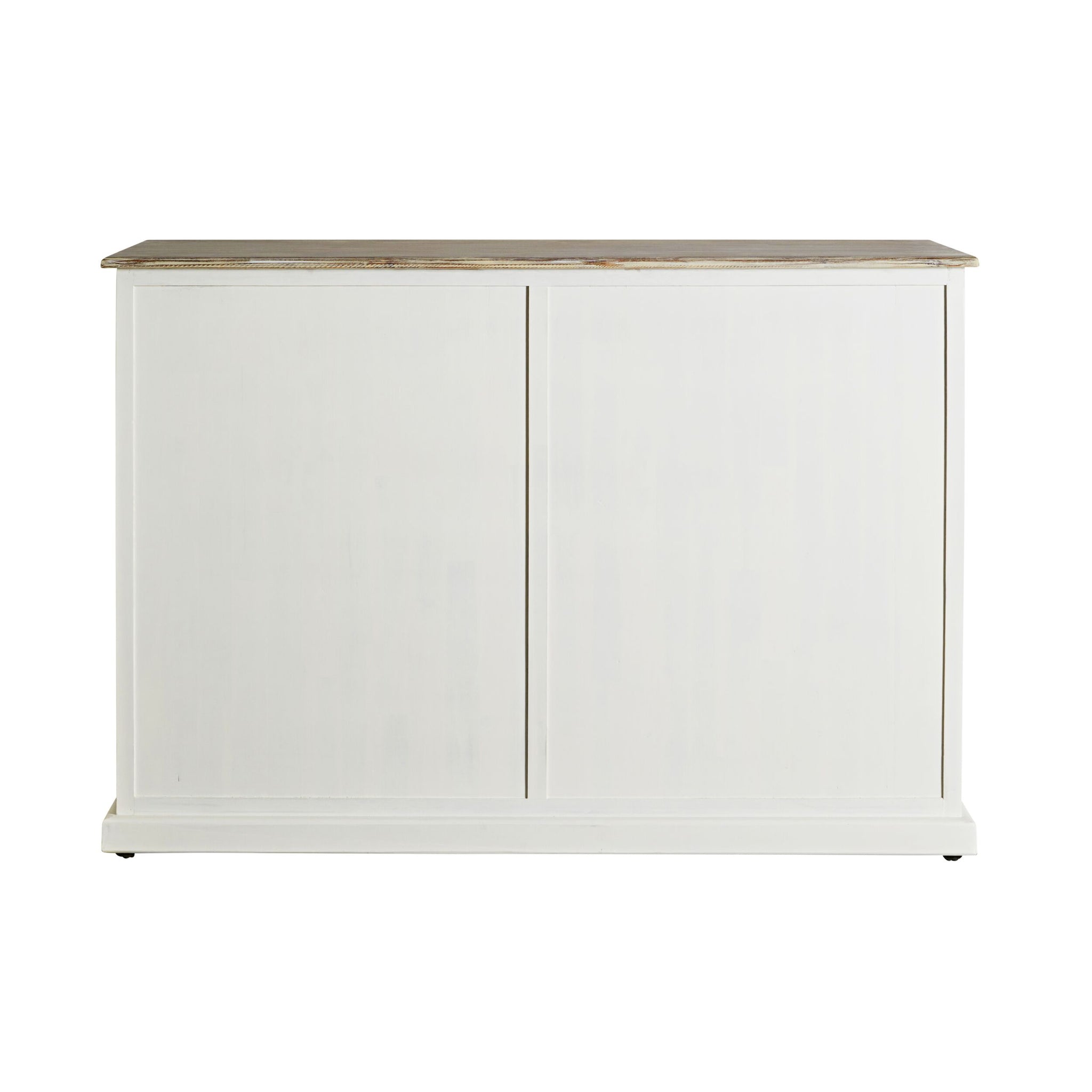 The Maldon 9 Drawer Chest features a white wooden frame with a flat brown acacia timber top and two sliding front doors, set against a white backdrop—ideal for Hamptons style interiors.