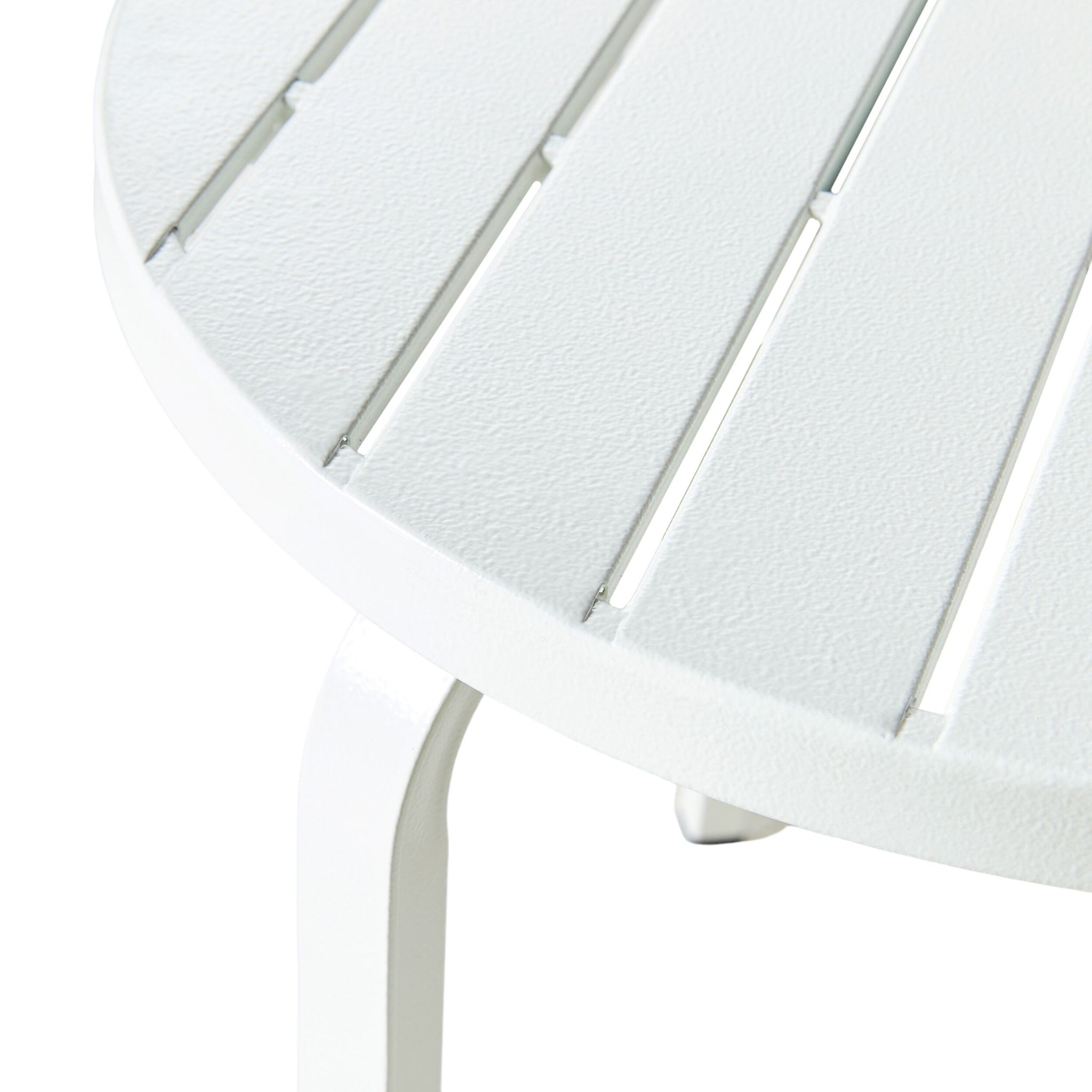 Close-up of the Kace Outdoor Side Table, 50cm in white, featuring a slatted design and powder-coated metal finish, ideal for outdoor use.