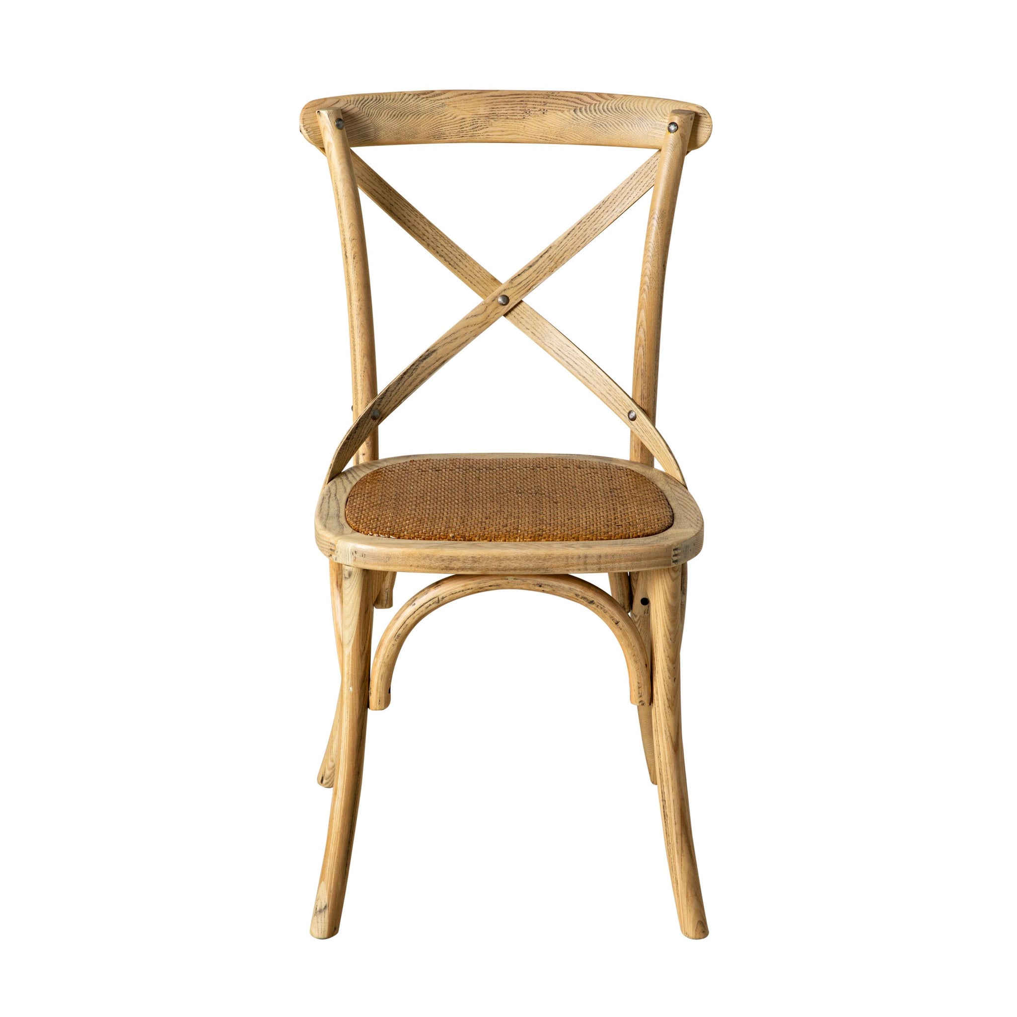The Provincial Cross Back Dining Chair Natural Oak, featuring a woven seat and inspired by French Provincial design, is showcased against a plain white background.