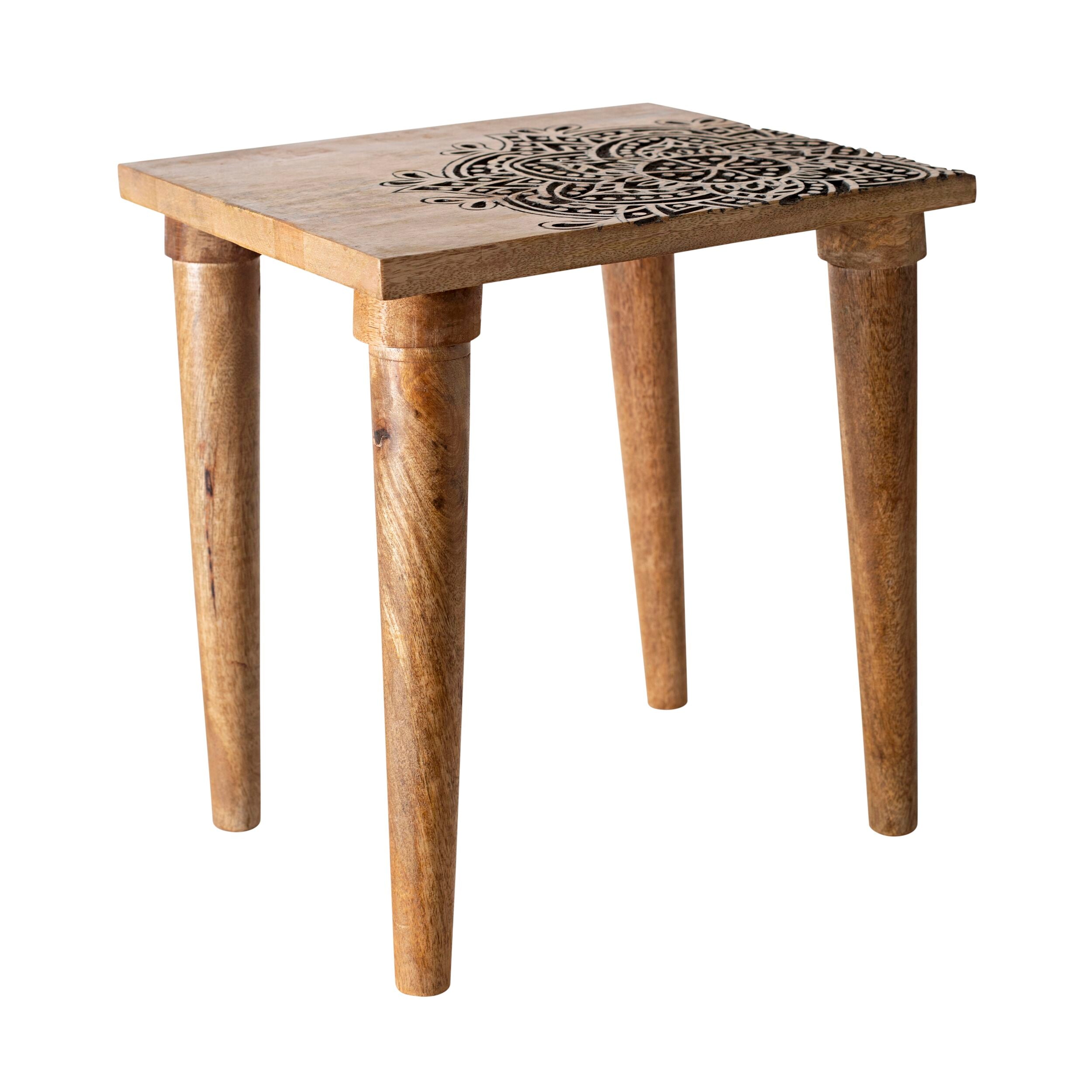 Parvani Carved Top Mango Wood Table 41x38x33cm