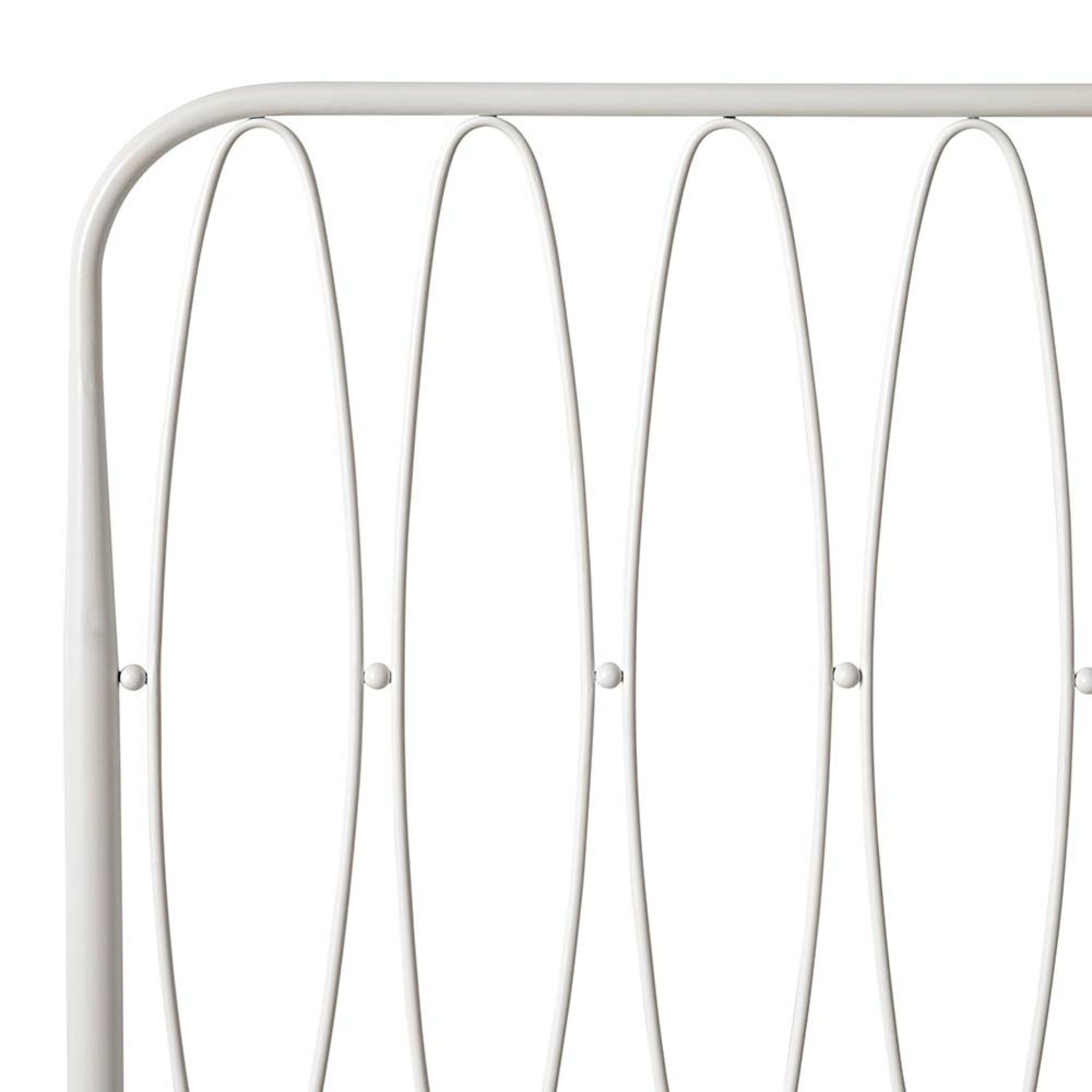 Elevate your bedroom with the Maya Queen Bed's white metal headboard, featuring an oval design with vertical and horizontal bars. The powder-coated finish offers durability and complements the iron frame for a stylish, timeless centerpiece.