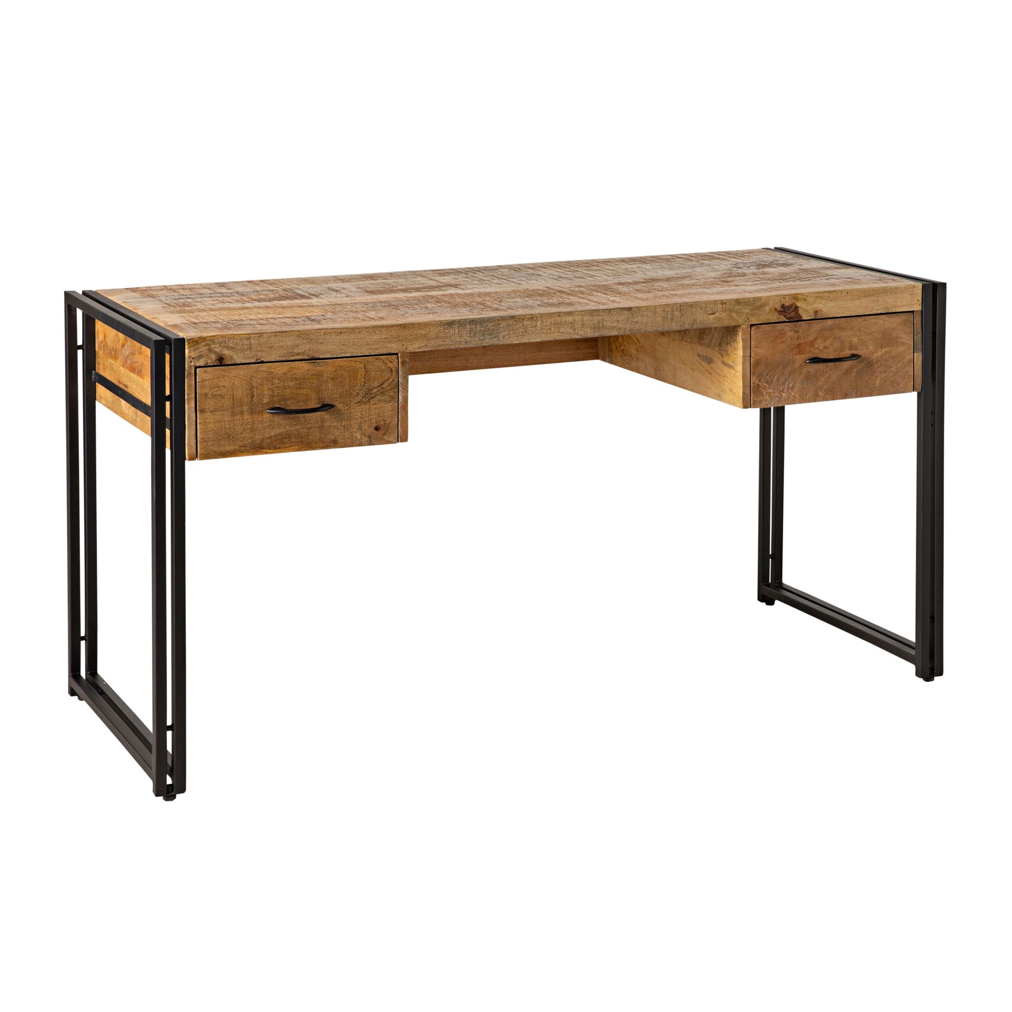 The Fulham 2 Drawer Desk features a rectangular mango wood top, two drawers, and black steel frame legs for a minimalist industrial look with a contemporary edge.