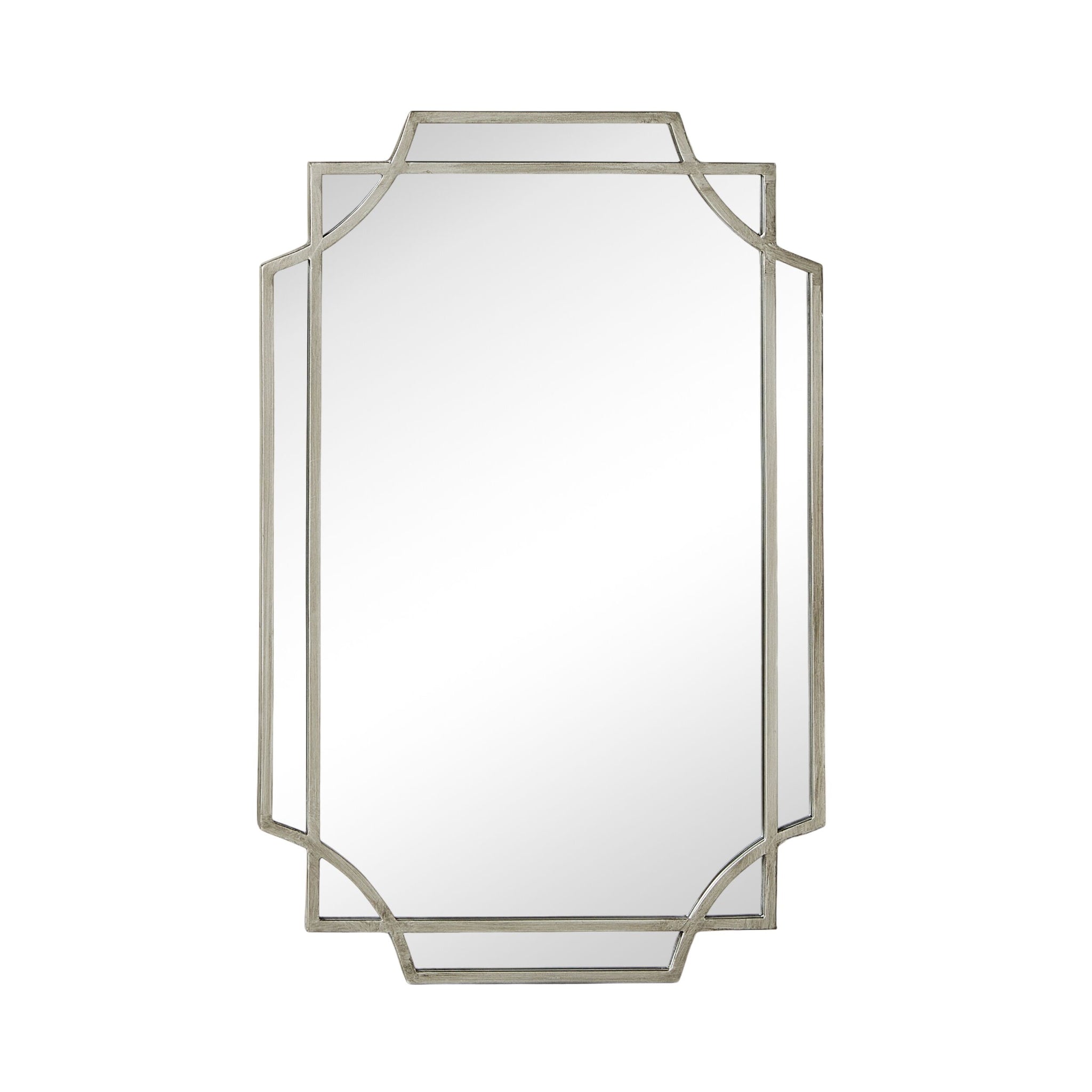 The Dominique Emerald Mirror Silver 90x60cm is a Deco-inspired rectangular wall mirror with beveled edges and a metallic frame featuring geometric corner accents, making it a striking statement piece.