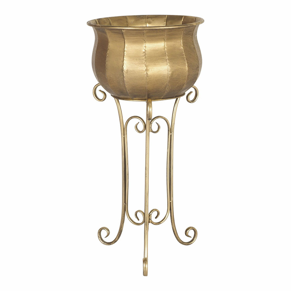 The Jiya Metal Plant Stand (38x38x80cm) features a gold, textured bowl atop a tall, ornate three-legged base with a polished iron finish, perfect for complementing indoor plants.