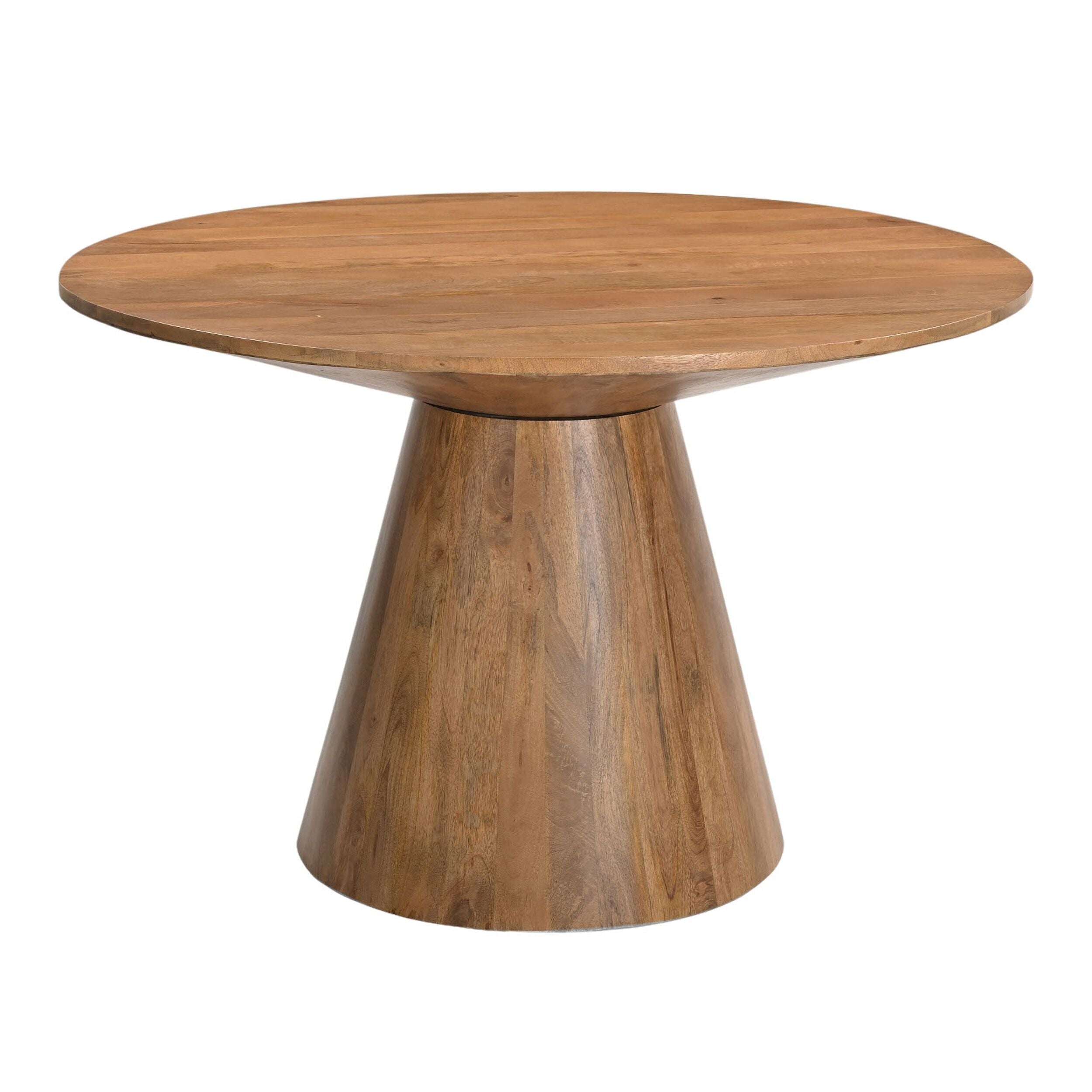 Elevate your dining experience with the Fen Round Dining Table, measuring 140 x 78 x 140 cm. Crafted from exquisite mango wood, its smooth top and conical base add a sleek touch to any dining room, effortlessly blending style and function.