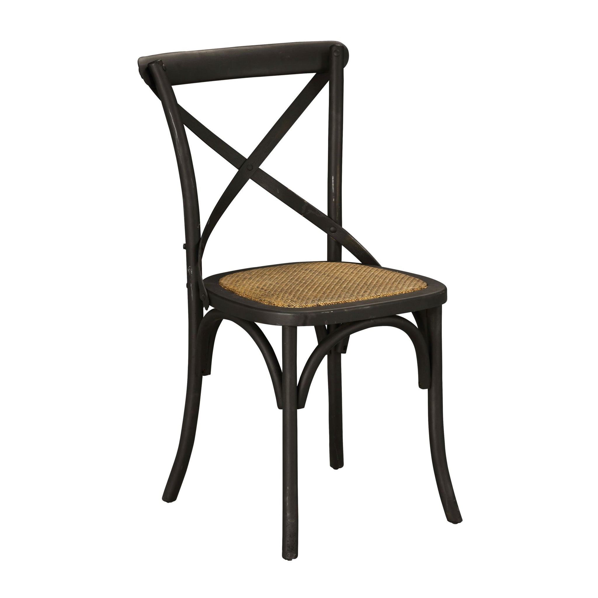 The Provincial Cross Back Dining Chair Black features a classic "X" backrest and a woven straw seat, evoking the style of Paris cafe dining.