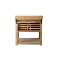 The Carter 2 Drawer Island Bench features a rustic wooden design with slatted front doors and an open lower shelf, displayed against a white background.