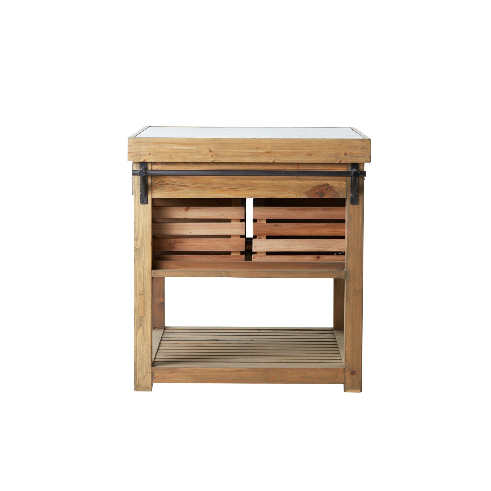 The Carter 2 Drawer Island Bench features a rustic wooden design with slatted front doors and an open lower shelf, displayed against a white background.