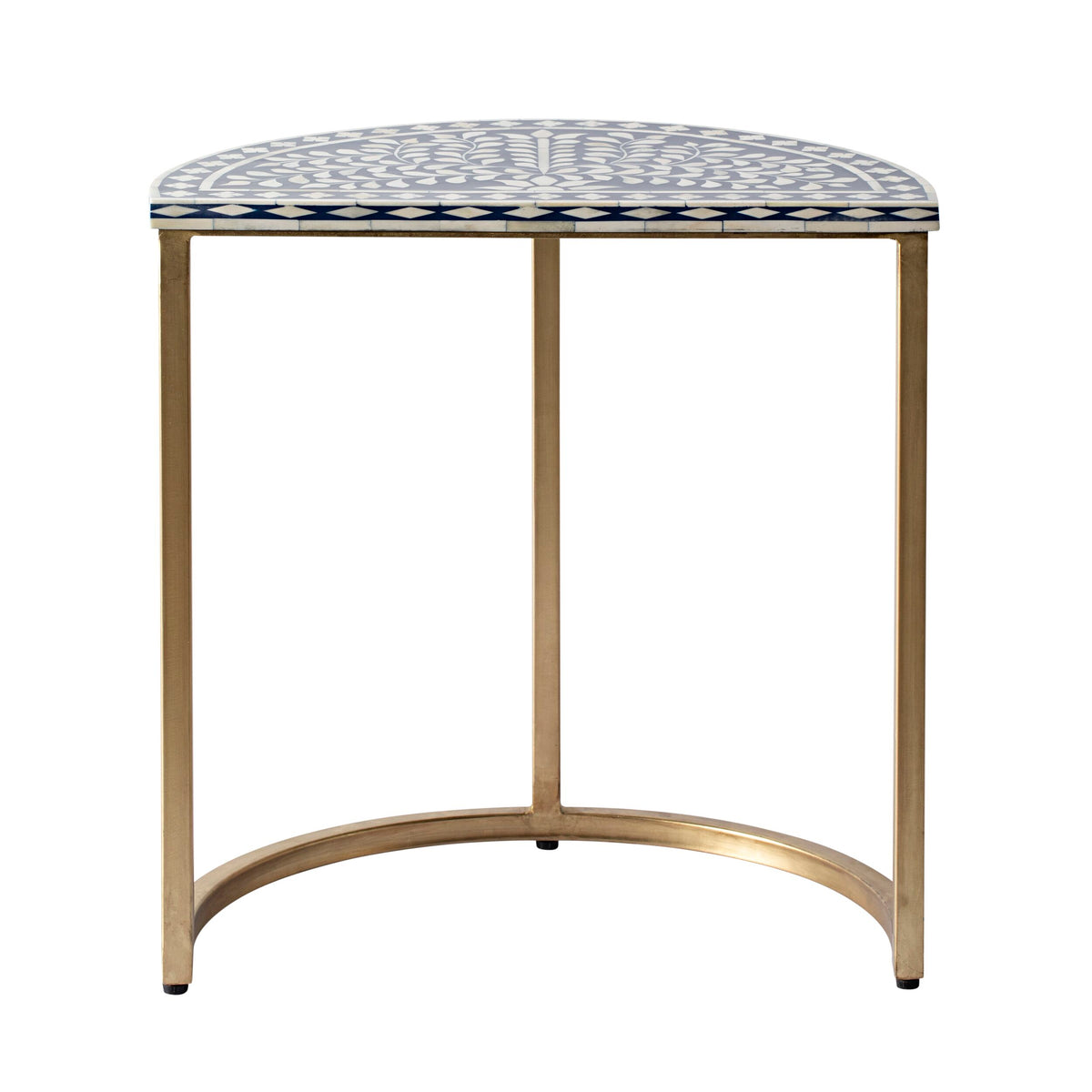 Bone Inlay Half Moon Side Table Blue with Gold Frame 53cm